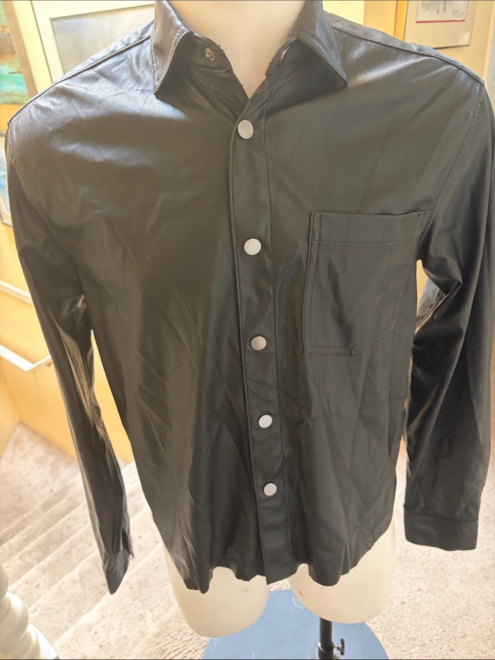 ZARA Men's Black Faux Leather Shirt Jacket with Snap Front